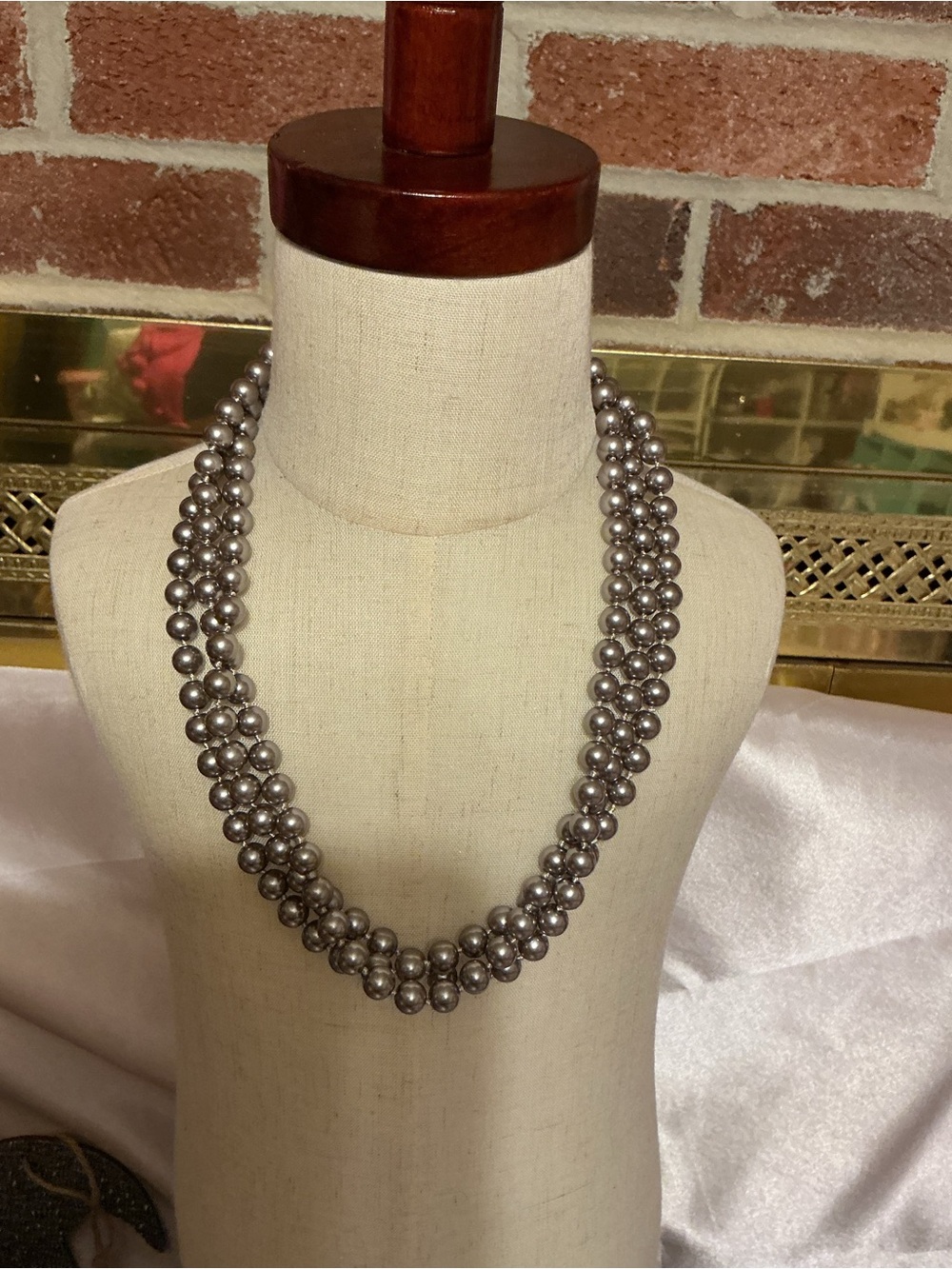 Vintage Silver Triple Strand Beaded Necklace - Silver